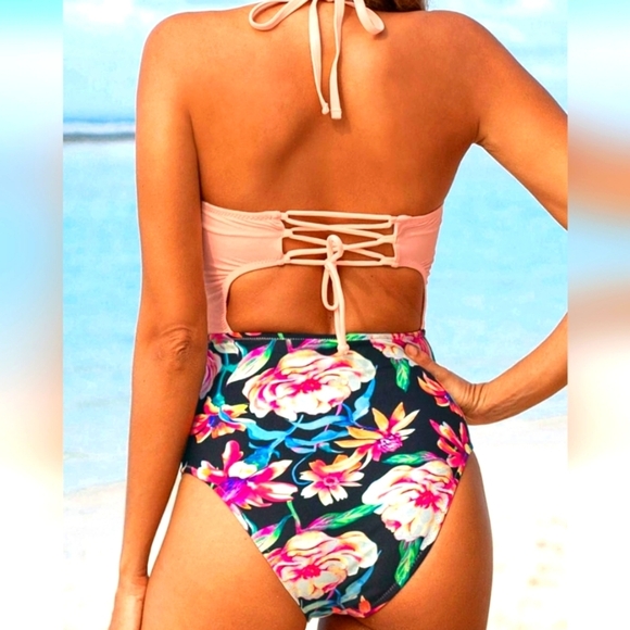 Floral Print Halter One Piece Swimsuit Size M retro look - Picture 2 of 4